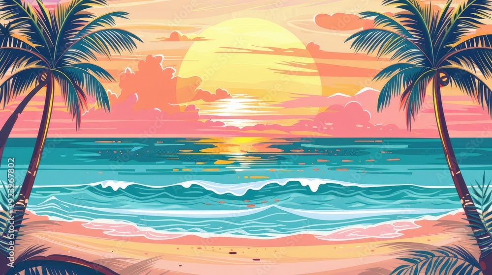 Wall mural illustrate a vector graphic of a beach scene with a gradient sunset, featuring silhouettes of palm t