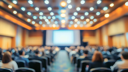 Blurred photo of conference hall with attendees in abstract banner