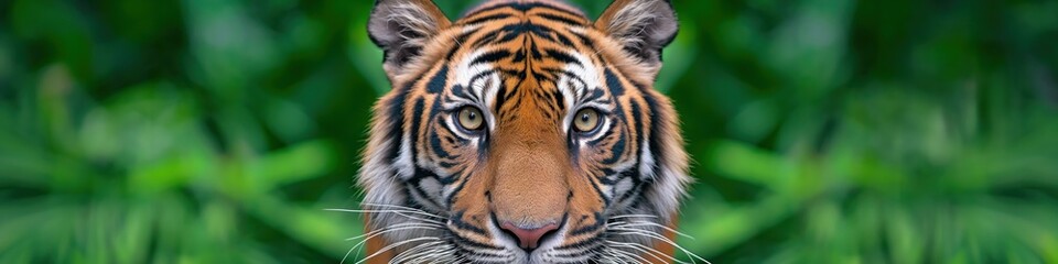 Obraz premium A tiger is surrounded by green foliage is looking at the camera. Wide panoramic banner with copy space.