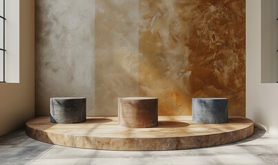 three modern podiums for product presentation on a beige background generative ai.