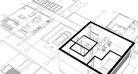 house architectural project sketch 3d illustration	