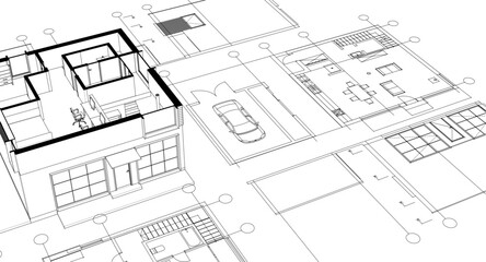 house architectural project sketch 3d illustration	