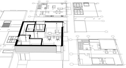house architectural project sketch 3d illustration	