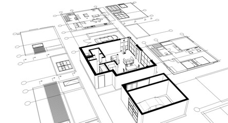 house architectural project sketch 3d illustration	