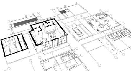 house architectural project sketch 3d illustration	
