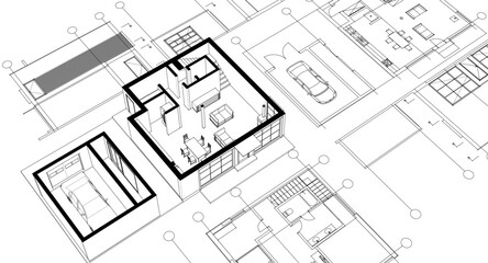 house architectural project sketch 3d illustration	