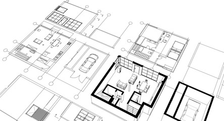 house architectural project sketch 3d illustration	