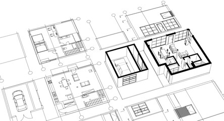 house architectural project sketch 3d illustration	