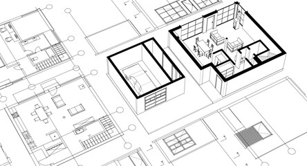 house architectural project sketch 3d illustration	