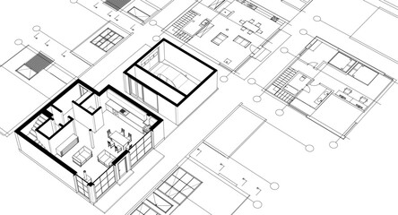 house architectural project sketch 3d illustration	