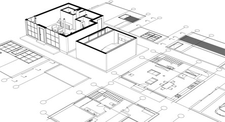 house architectural project sketch 3d illustration	