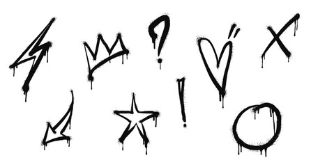 Spray painted graffiti Crown, star, flash, heart, Arrow drip symbol. isolated on white background. vector illustration