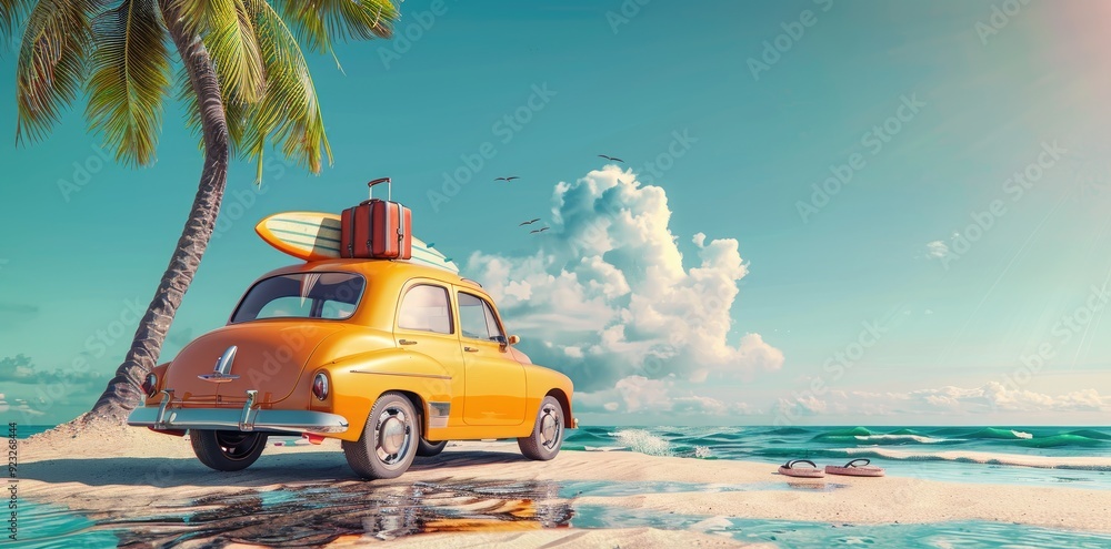 Wall mural classic red car parked by the shore, evoking nostalgia and summer vibes with its vintage charm again