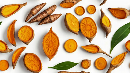 Sliced ​​Turmeric rhizomes with green leaves isolated on white background.