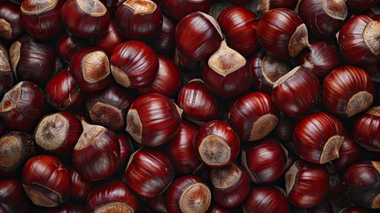 A close-up view of roasted chestnuts with shiny, rich brown shells, perfect for autumn and festive culinary presentations.