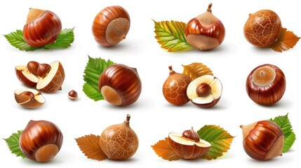 A collection of glossy chestnuts with leaves, showcasing various angles and cuts, perfect for food or nature-focused projects.