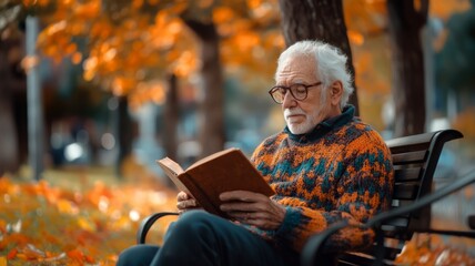 Elderly Man Reading a Book on a Park Bench During Autumn with Colorful Leaves in the Background