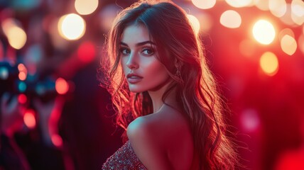 Glamorous Woman in Sparkling Dress at Night Event with Bokeh Lights in Background