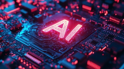 Close-Up of Circuit Board with Neon Blue AI Logo and Intricate Circuitry
