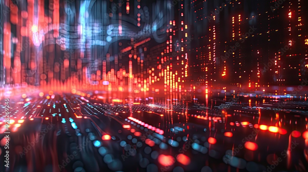 Poster a vibrant digital landscape featuring luminous data streams and futuristic light patterns, represent
