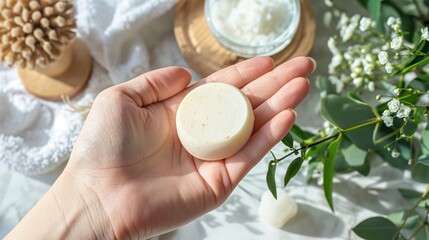 A hand holding a homemade pink soap or solid shampoo bar. Organic beauty product.