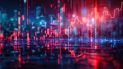 Fototapeta premium Abstract digital view of glowing graphs and data in a futuristic city. Vibrant lines depict market trends and technology growth.