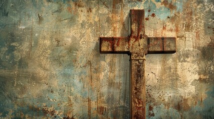 An aged wooden cross stands against a textured wall, symbolizing faith and spirituality in a rustic atmosphere.