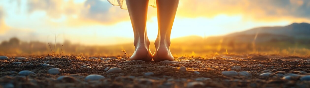 Closeup of a woman s feet grounded in mountain pose, disciplined stance, soft light