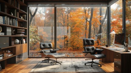 Cozy home office with modern furniture, large windows showcasing vibrant autumn foliage for a warm, inviting atmosphere.