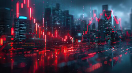 Fototapeta premium Dynamic urban scene with striking red graphs and digital elements, showcasing the pulse of the financial market.