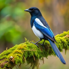 Obraz premium a black billed magpie resting on a moss covered