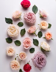 Assorted roses heads. Various soft roses and leaves scattered on a white background, overhead view. Flat lay