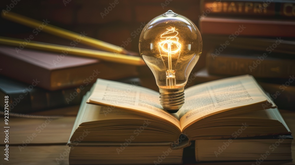 Poster illuminating knowledge: a lightbulb resting on an open book