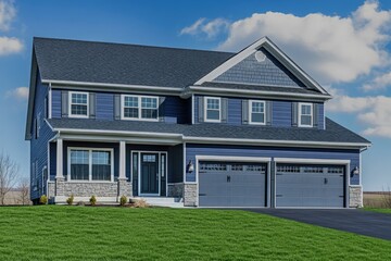 Obraz premium Blue House with Gray Roof and Two Garages