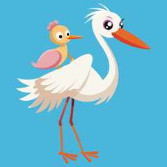 Cute Stork Bird Bring Baby Cartoon Vector Icon Illustration
