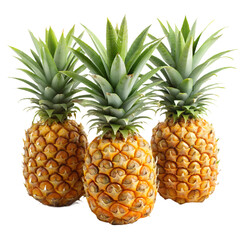 Fototapeta premium Fresh juicy tropical fruit pineapple isolated on white background. Three whole fruits. Ai generated