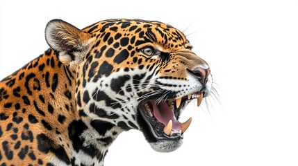 Fierce jaguar roaring against a white background in a studio setting