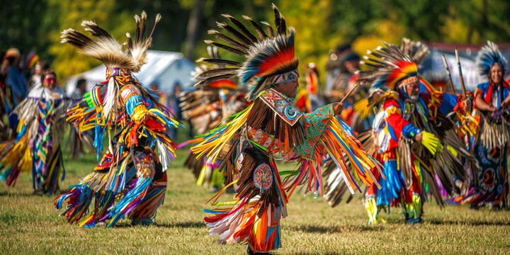 Traditional Native American powwow with dancers in colorful regalia performing in a circle, with vibrant feathers, beadwork, and drums. - Powered by Adobe