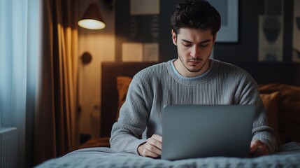 Young Man Working on Laptop in Bed