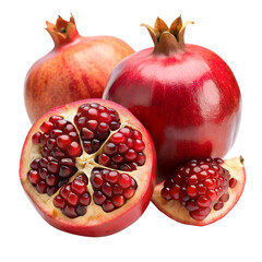 Ripe pomegranate fruits and one cut isolated on white background. Ai generated