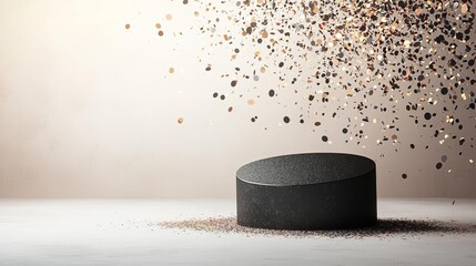 New Year s podium with confetti, blank banner for text, 3D styleillustration