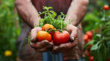 Close-up of a male hands holding freshly picked vegetable garden background