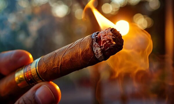 A close-up shot of a burning cigar held in a hand with smoke rising from it.
