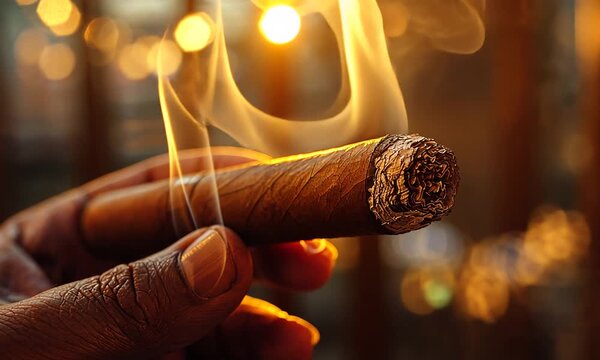 A close-up shot of a burning cigar held in a hand with smoke rising from it.