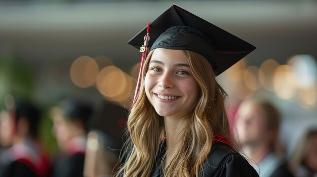 A proud young woman receiving her diploma at a graduation ceremony.