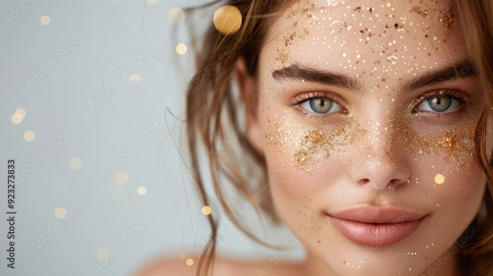 Wall mural Close-up portrait of a woman with a playful wink and gold glitter on her face.