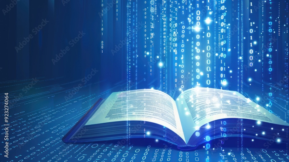 Poster digital data flowing over an open book