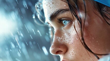 Photorealistic portrait of a female athlete with a determined gaze fixed on the finish line.