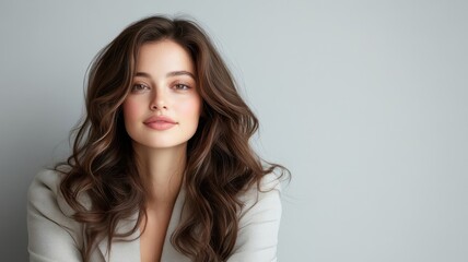 Fototapeta premium Portrait of woman with flowing hair in chic light grey pantsuit.