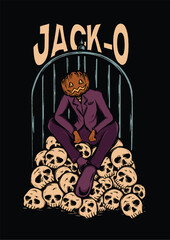 human wearing a pumpkin costume was sitting on a pile of human skull heads he had killed